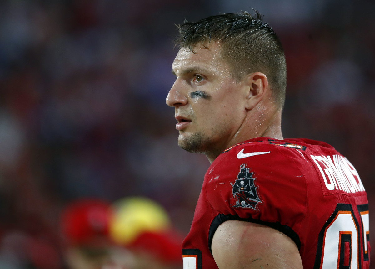 Dec 12, 2021; Tampa, Florida, USA;Tampa Bay Buccaneers tight end Rob Gronkowski (87) looks on against the Buffalo Bills during the first half at Raymond James Stadium. Mandatory Credit: Kim Klement-USA TODAY Sports